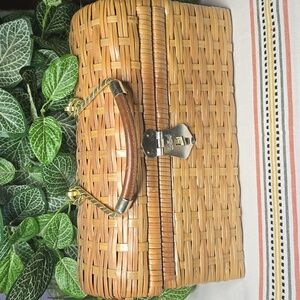 Woven Lunchbox Shape Handbag with Gold Tone and Leather Handle, Hong Kong VTG